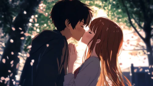 Anime Lovers in a Cherry Blossom Kiss