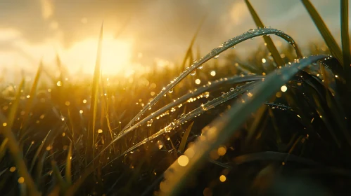 Sunlit Dew on Grass Blades