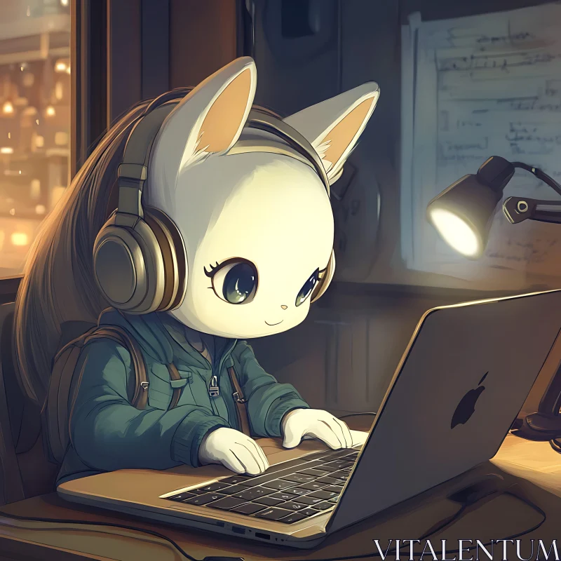 AI ART Animated Bunny with Laptop and Headphones