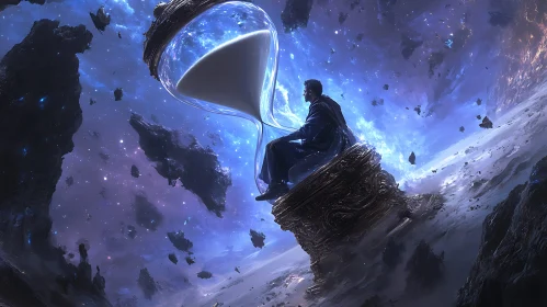 Man with Hourglass in Cosmic Landscape