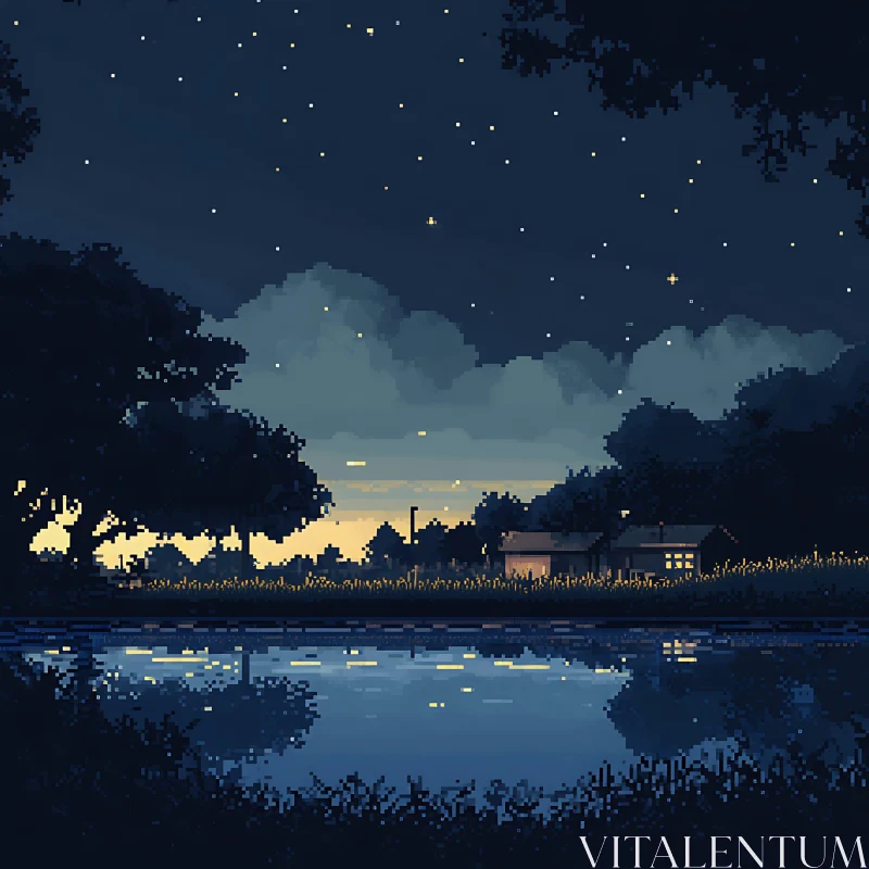 Starry Night with Cottage and Lake Pixel Art AI Image