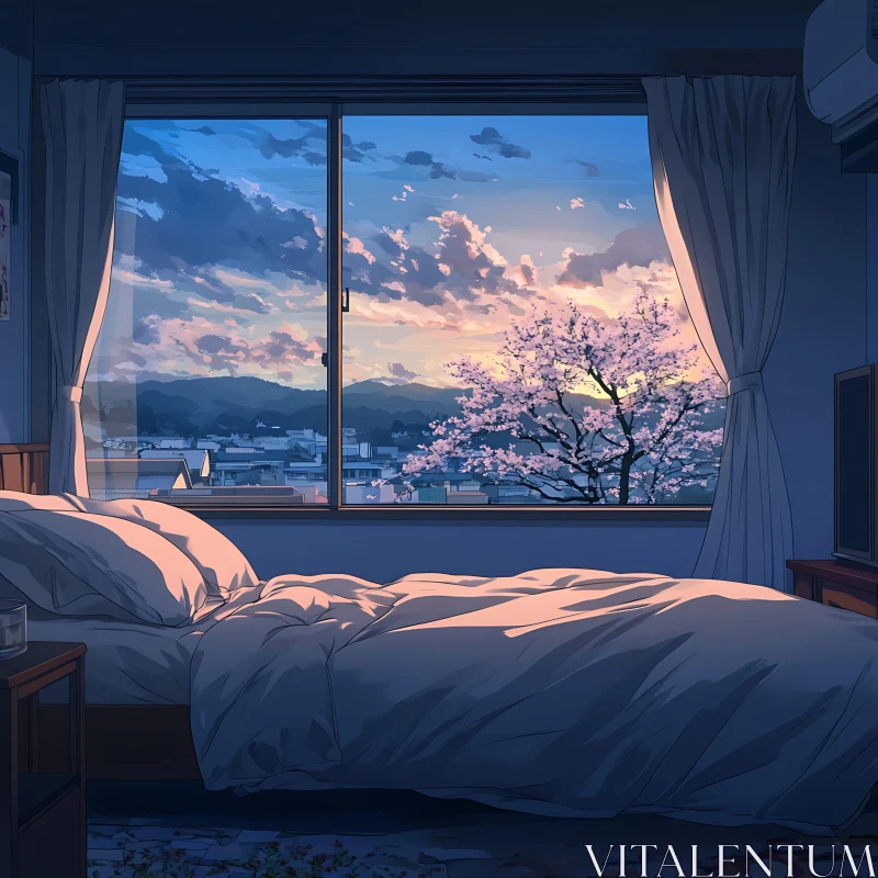 Tranquil Bedroom Overlooking Sakura and Sunset AI Image