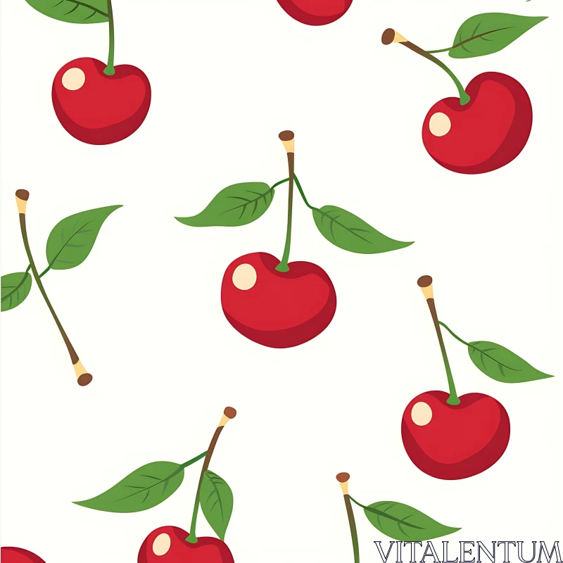 Red Cherries and Green Leaves Pattern AI Image