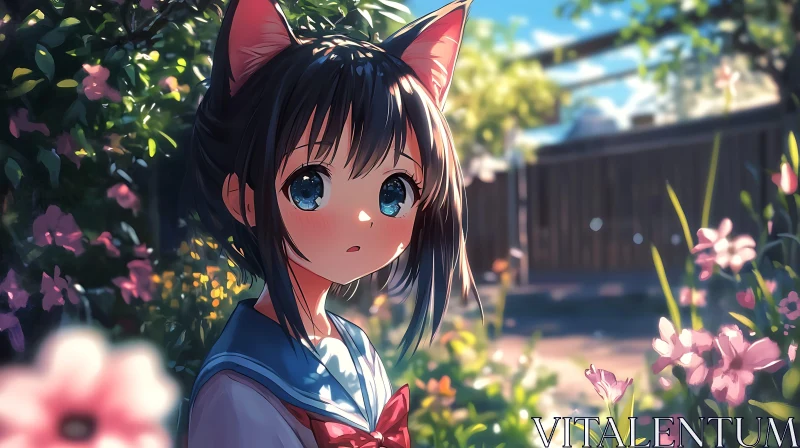 Adorable Cat-Eared Anime Girl in a Garden of Flowers AI Image