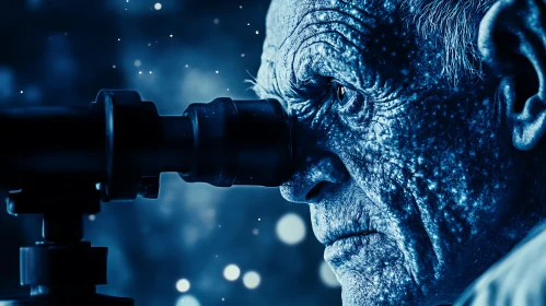 Blue-Toned Portrait of Man Using Telescope