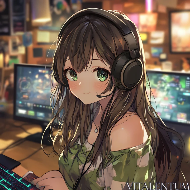 Anime Girl Streaming with Headset AI Image