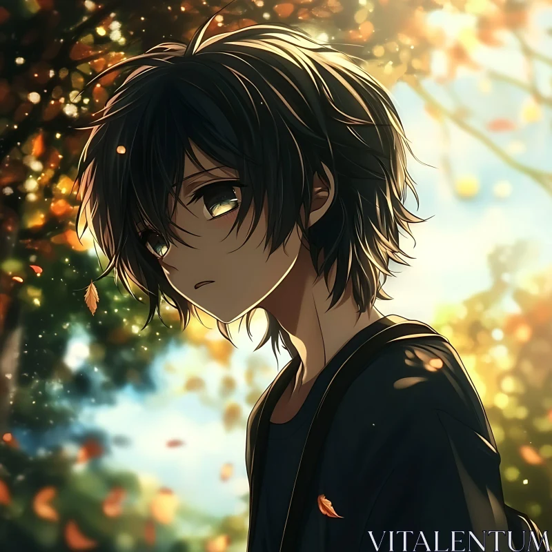 AI ART Melancholic Anime Character Amid Autumn Leaves