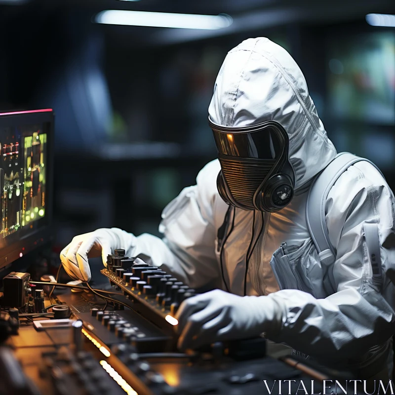 Man in Protective Suit Working on Computer - A Monochromatic Masterpiece AI Image