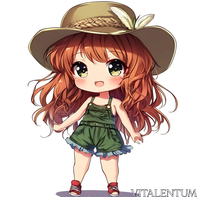 Adorable Anime Girl in Green with Feathered Hat AI Image