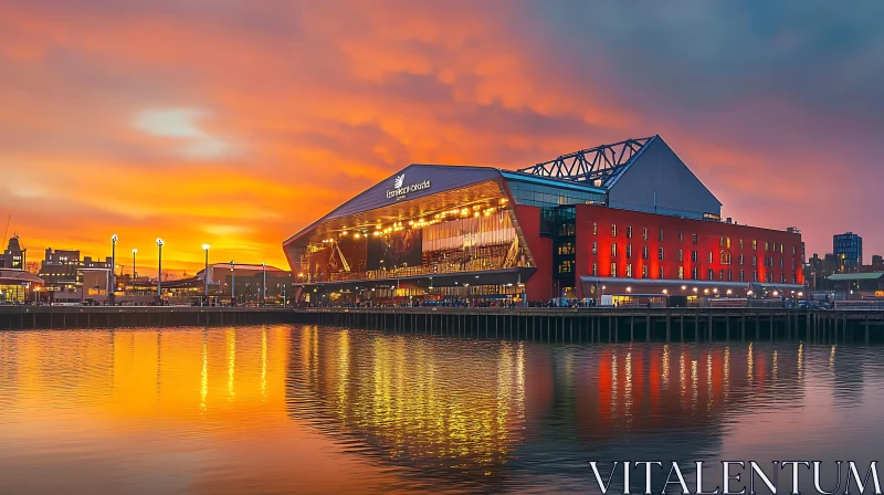 Sunset Glow on Waterfront Building AI Image