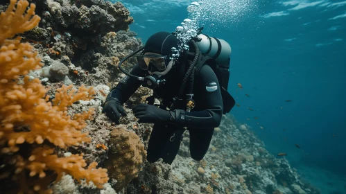 Scuba Diver Among Coral Reefs