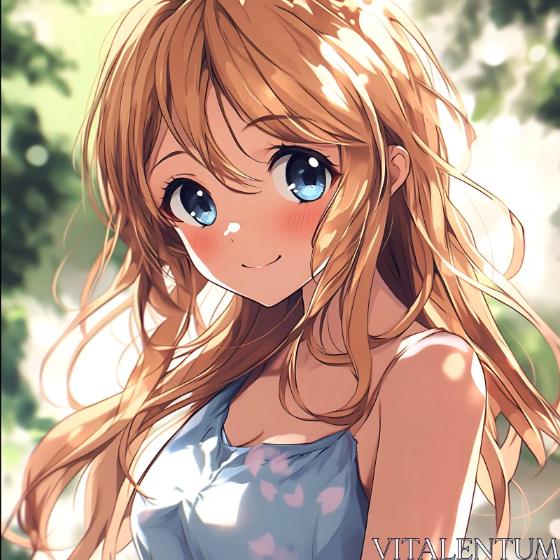 Smiling Blond Anime Girl in Nature AI Image