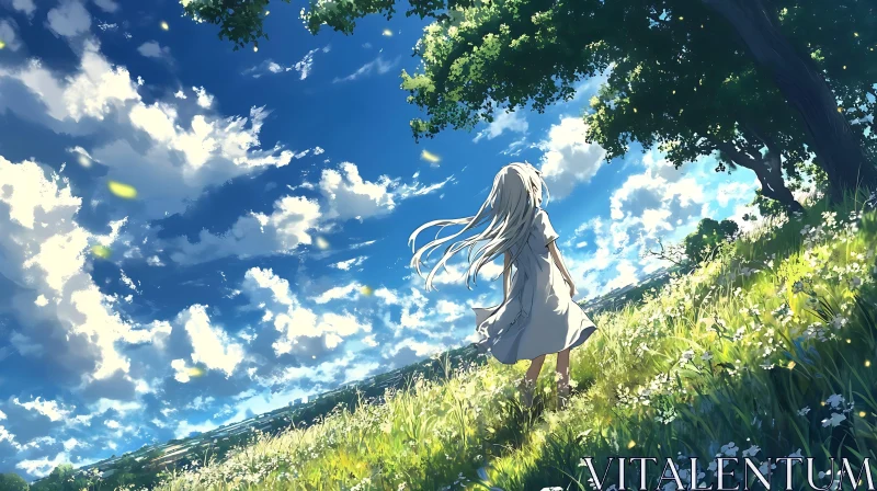 Tranquil Scene with Girl in Sunlit Field AI Image