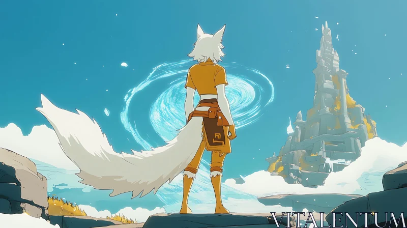 Fox Gazing at Mystical Castle AI Image