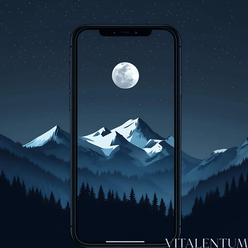 Serene Night Landscape on Phone Screen AI Image