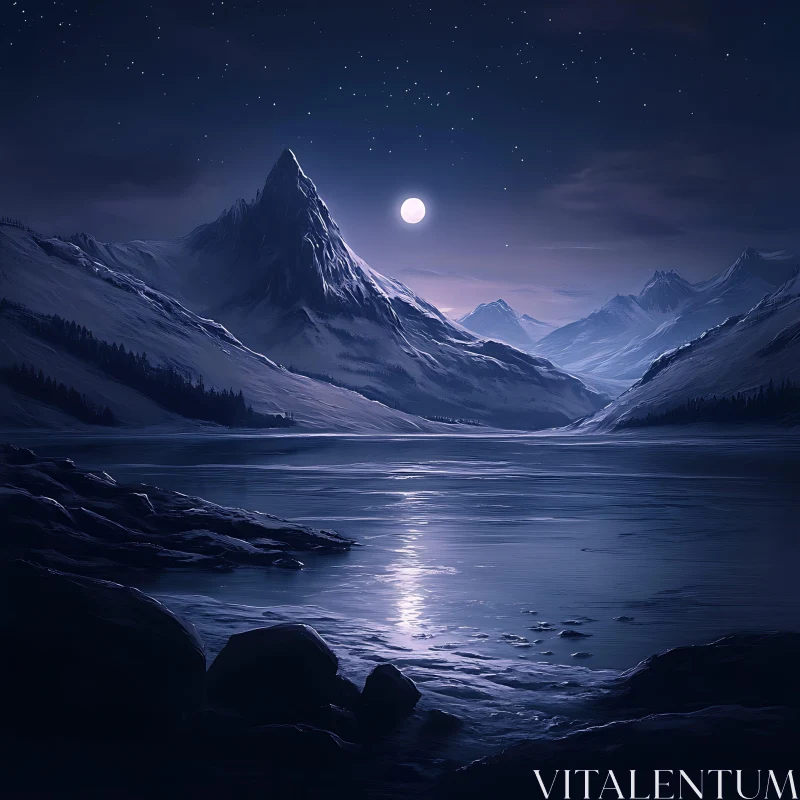 AI ART Tranquil Mountain Lake Under Moonlight