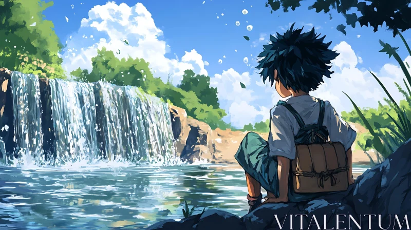 Peaceful Anime Waterfall with Boy AI Image