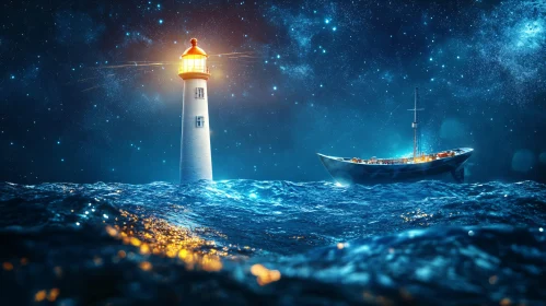 Lighthouse Guiding Ship Under Night Sky