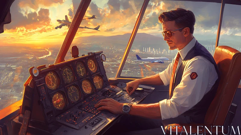 AI ART Golden Hour Flight: Man in Control