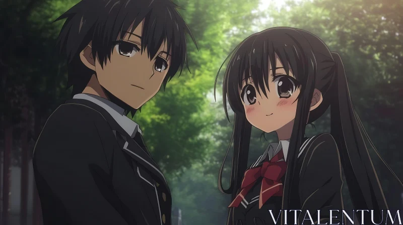 School Uniform Anime Duo in Nature AI Image