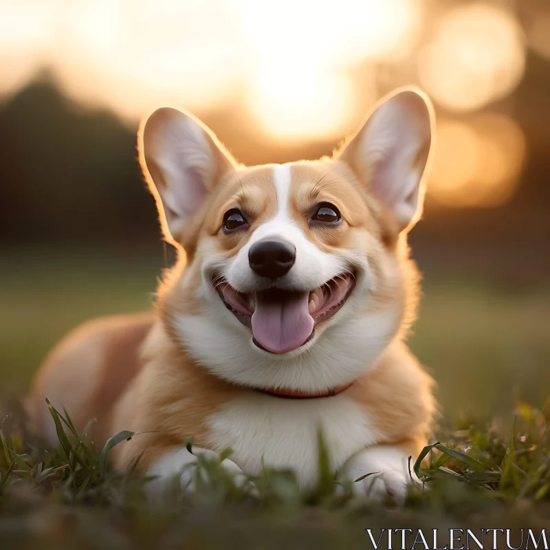 Happy Corgi Dog in Golden Sunset AI Image