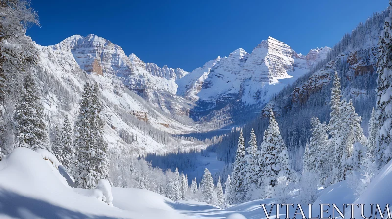 AI ART Winter Mountain Scene with Snow Covered Trees