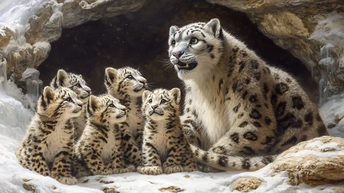 Leopard Cubs with Mother in Snow