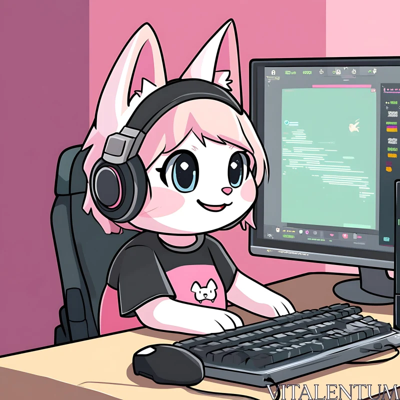 Cute Catgirl Gaming with Headphones AI Image