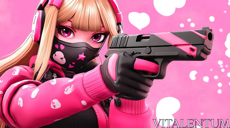 Pink-Clad Anime Girl Holding a Gun AI Image