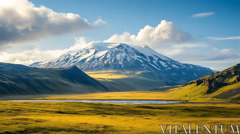 AI ART Scenic Mountain View with Golden Field