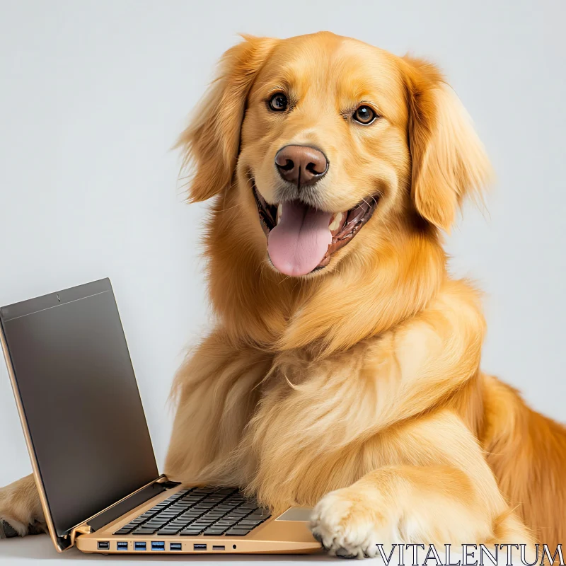 Happy Golden Retriever Posing with a Laptop AI Image