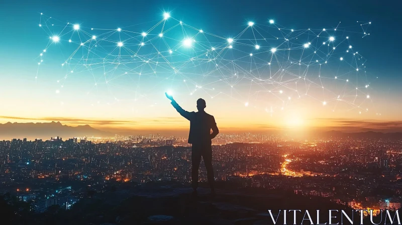 Man Connecting the Dots Above City AI Image