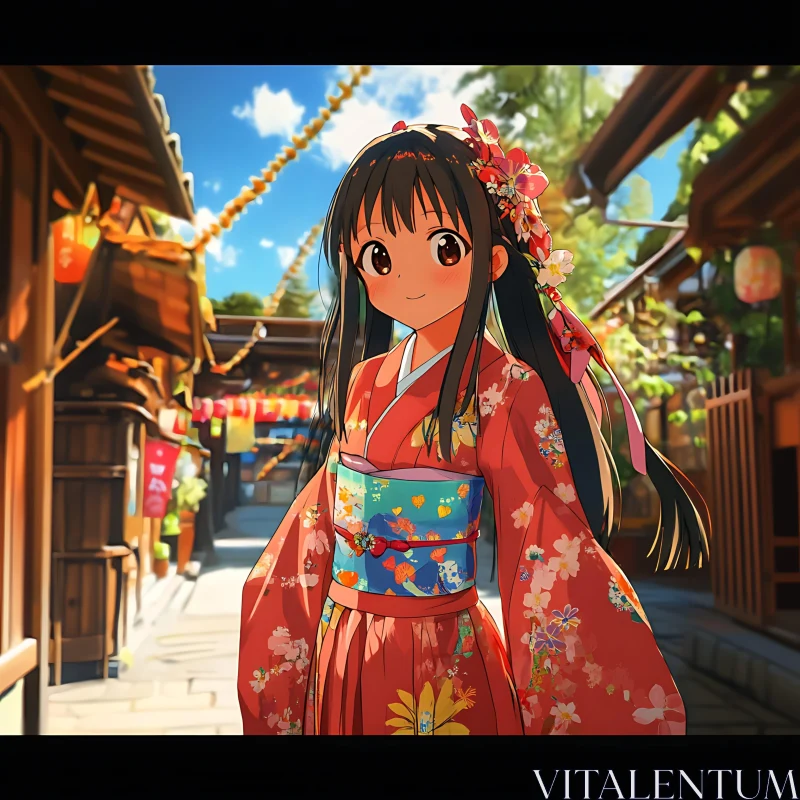 Anime Girl in Kimono on a Sunny Festival Street AI Image