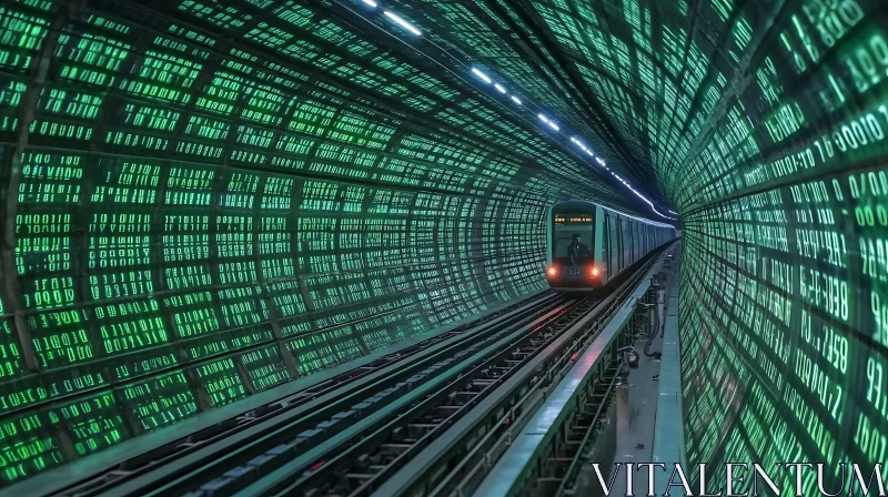 Subway Train Emerging from Digital Tunnel AI Image