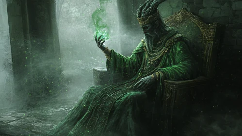 Green Wizard on Throne Holding Magic