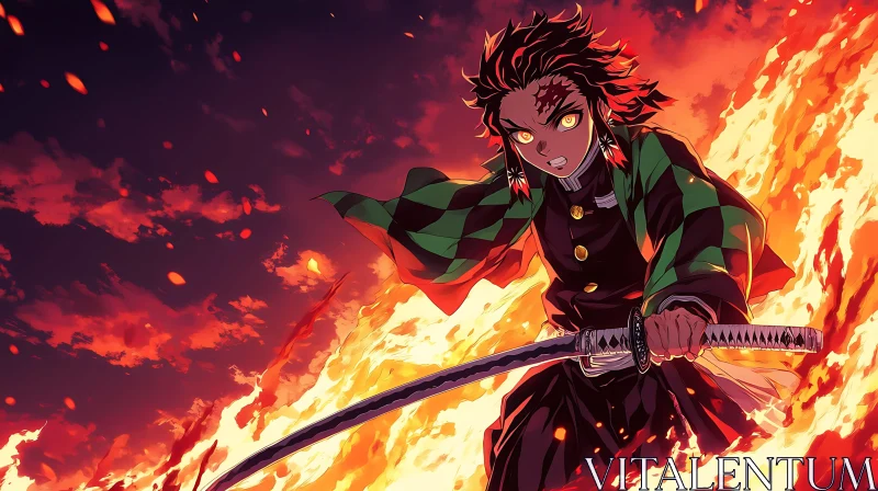 Action-Packed Anime Character with Sword and Flames AI Image