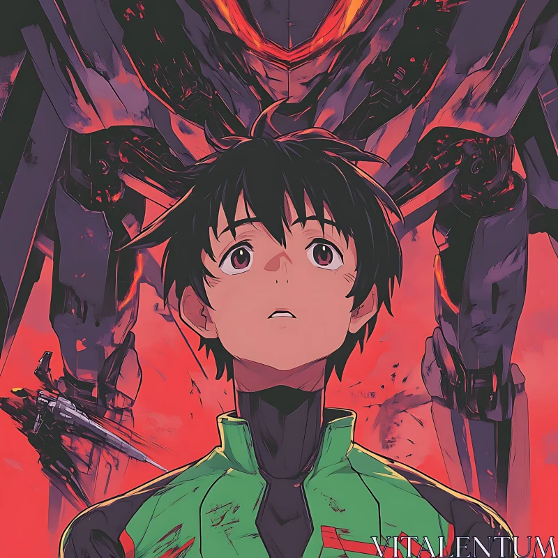 Intense Anime Scene with Boy and Robot AI Image