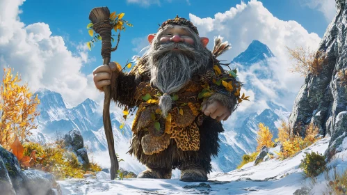 Quirky Gnome Standing Amidst Majestic Mountains and Snow