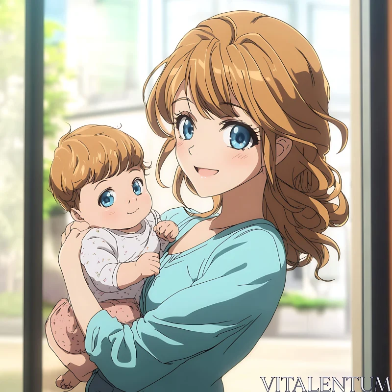 Anime Art of a Caring Mother and Child AI Image