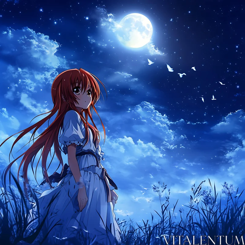 Anime Girl in Moonlit Landscape AI Image