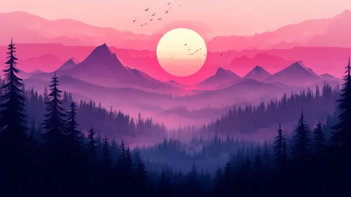 Misty Mountain Sunset with Pine Forest