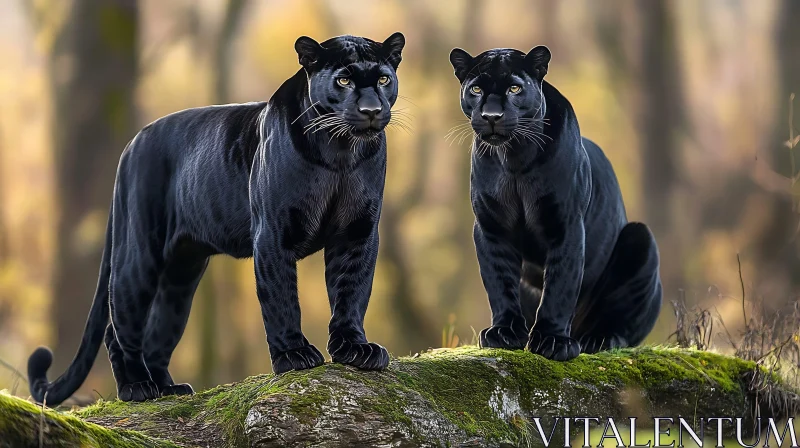 Pair of Black Panthers on Mossy Rock AI Image