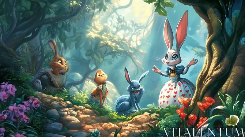 Whimsical Bunnies in Forest Illustration AI Image