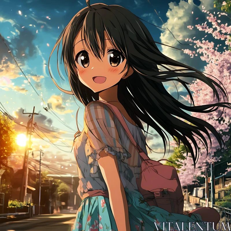 Blossom-Lined Street at Sunset with Happy Anime Girl AI Image