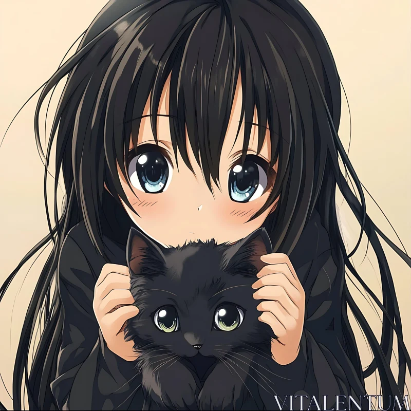 Innocent Anime Girl with Kitten AI Image