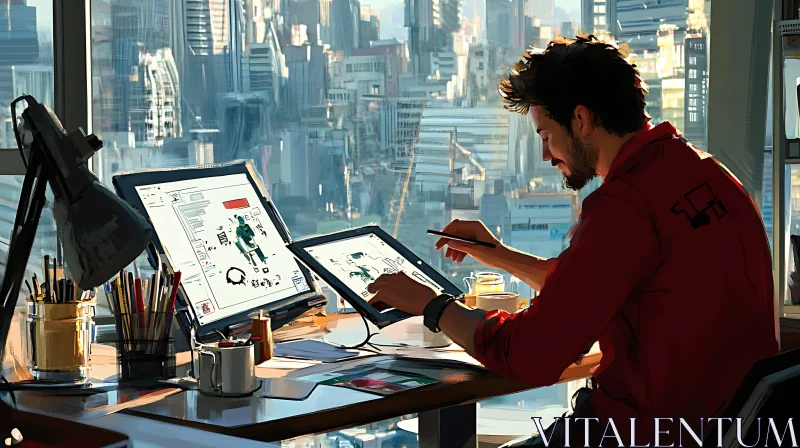 Man Working at Desk with City View AI Image