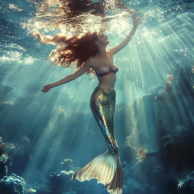 Underwater Mermaid in Sunlit Ocean