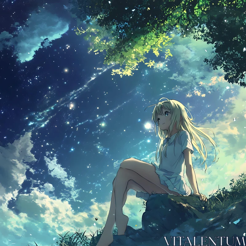 Girl Under the Starry Anime Sky AI Image