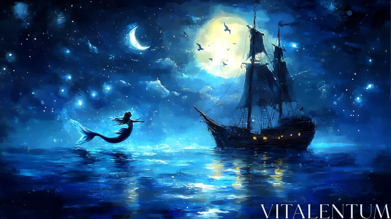 Moonlit Voyage with a Mermaid AI Image