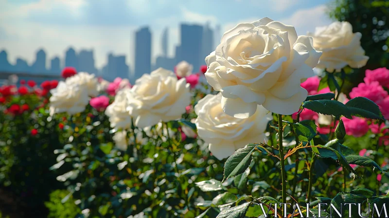 Urban Garden Roses Blooming in Sunlight AI Image